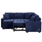 Navy Blue 82.6 Velvet L-Shaped Sleeper Sectional Sofa with USB Ports