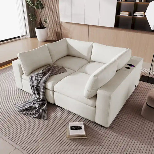 Beige Upholstered 4-Seater Modular Sectional Sofa with Wireless Charging