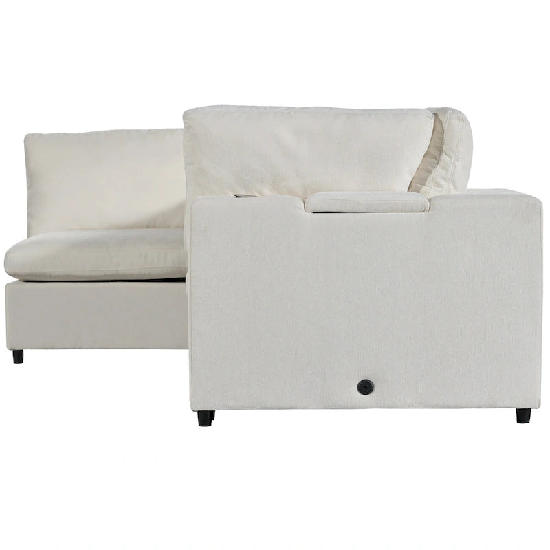 Beige Upholstered 4-Seater Modular Sectional Sofa with Wireless Charging