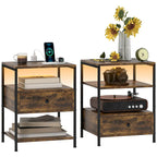 Set of 2 End Tables with Charging Stations and LED Lights, 3-Tier Side Tables with USB Ports and Outlets, Drawer and Shelves