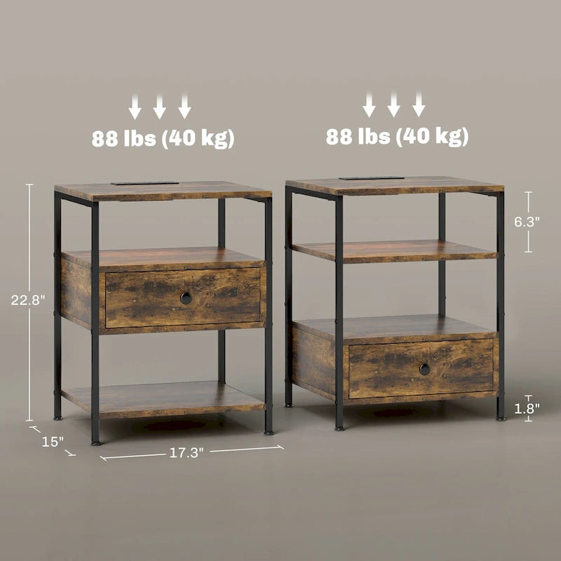 Set of 2 End Tables with Charging Stations and LED Lights, 3-Tier Side Tables with USB Ports and Outlets, Drawer and Shelves