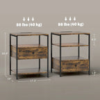 Set of 2 End Tables with Charging Stations and LED Lights, 3-Tier Side Tables with USB Ports and Outlets, Drawer and Shelves