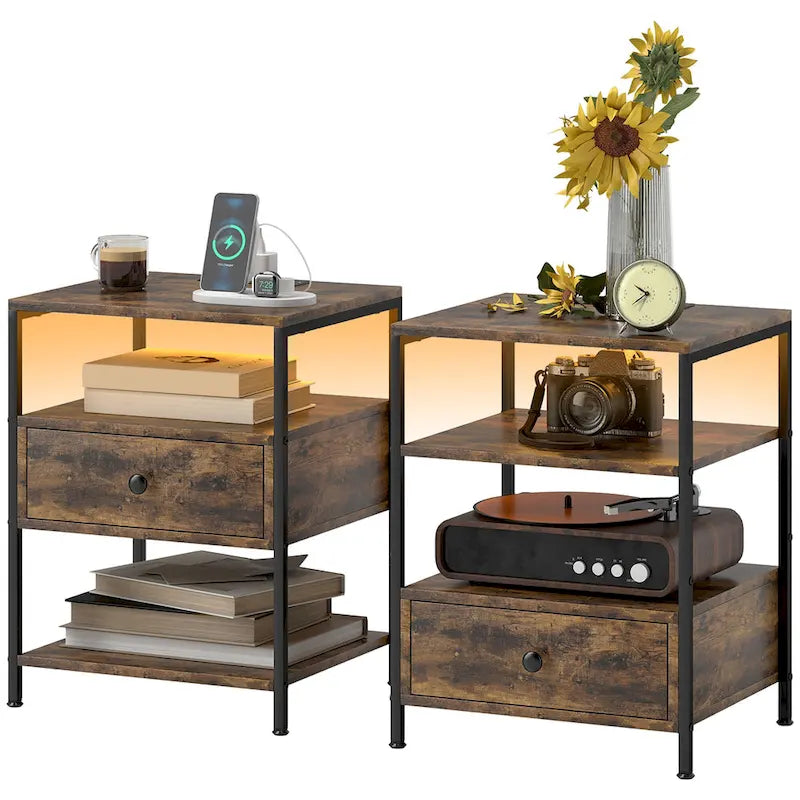 Set of 2 End Tables with Charging Stations and LED Lights, 3-Tier Side Tables with USB Ports and Outlets, Drawer and Shelves
