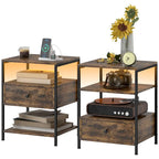 Set of 2 End Tables with Charging Stations and LED Lights, 3-Tier Side Tables with USB Ports and Outlets, Drawer and Shelves