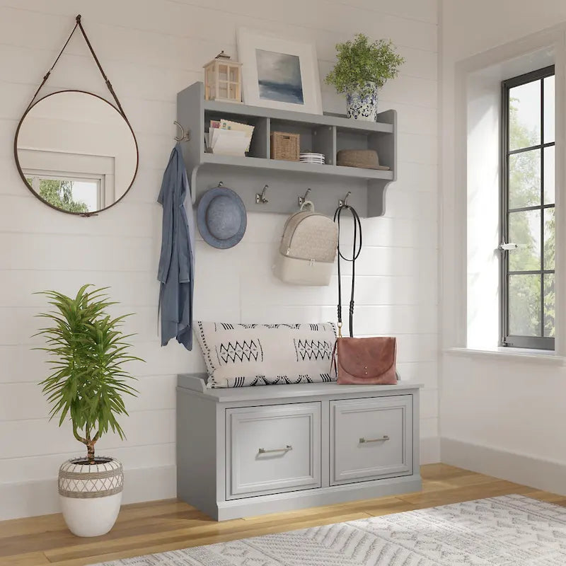 Woodland 40W Shoe Bench with Doors & Wall Coat Rack 