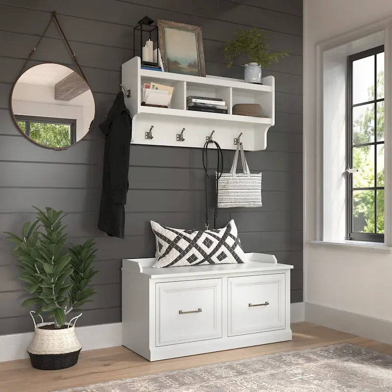 Woodland 40W Shoe Bench with Doors & Wall Coat Rack
