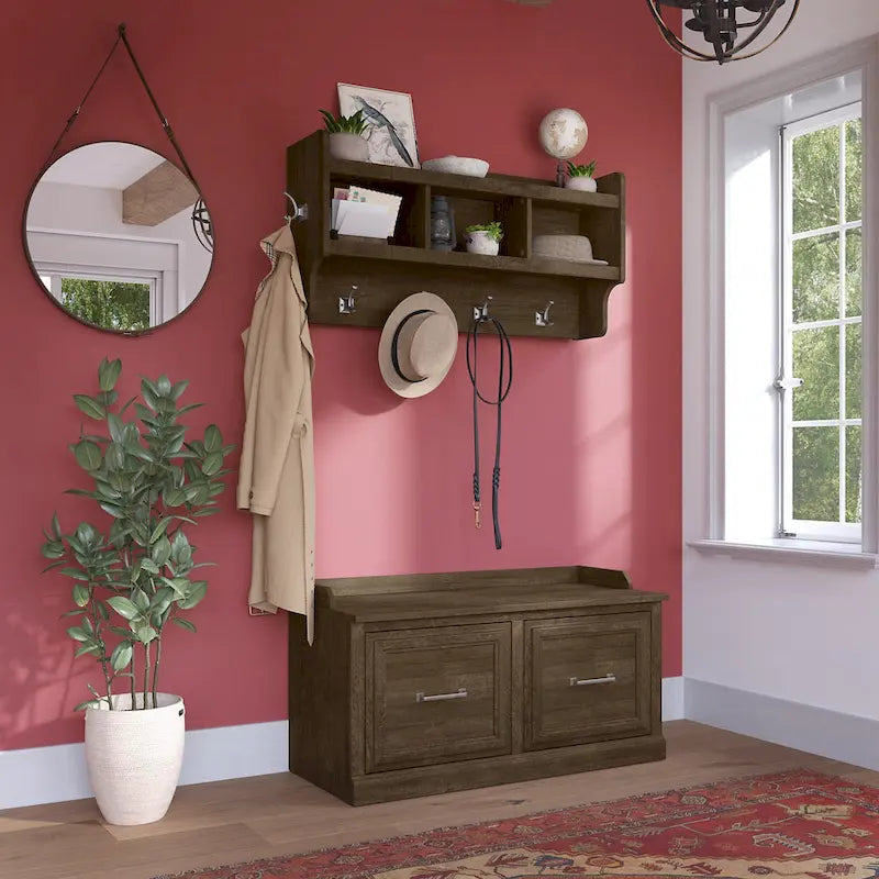 Woodland 40W Shoe Bench with Doors & Wall Coat Rack