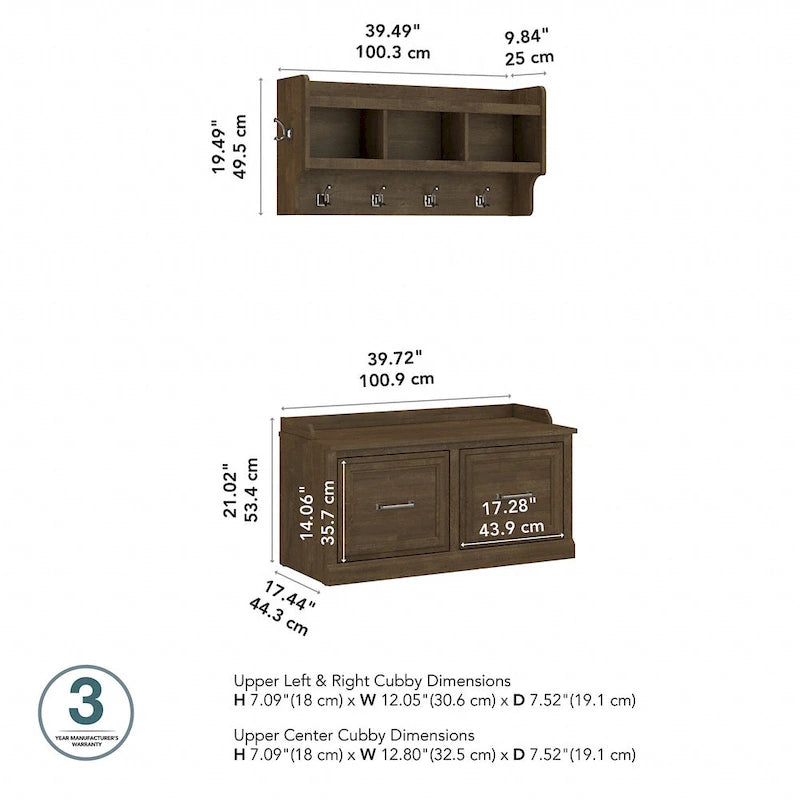 Woodland 40W Shoe Bench with Doors & Wall Coat Rack