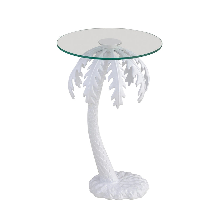 Hedda 24.75 Mid-Century Vintage Glass Top Metal Palm Tree End Table, White, by 