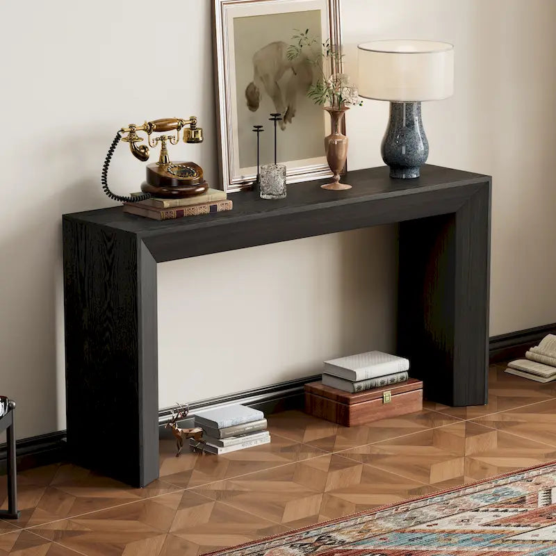 Elegant Console Table with Fireplace-Inspired Design and Wood Veneer Top