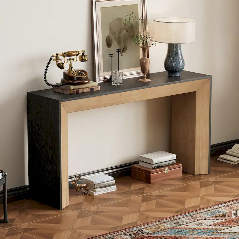 Elegant Console Table with Fireplace-Inspired Design and Wood Veneer Top