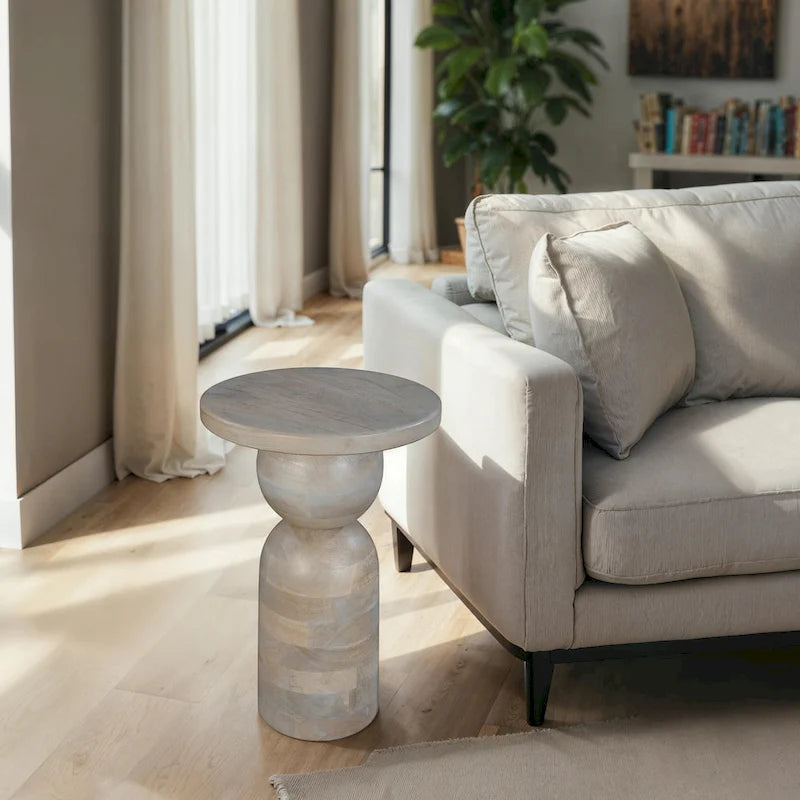 Tia 12 Inch Round Side End Table, Turned Pedestal Base, Beige Mango Wood in Natural Brown Finish