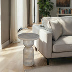 Tia 12 Inch Round Side End Table, Turned Pedestal Base, Beige Mango Wood in Natural Brown Finish