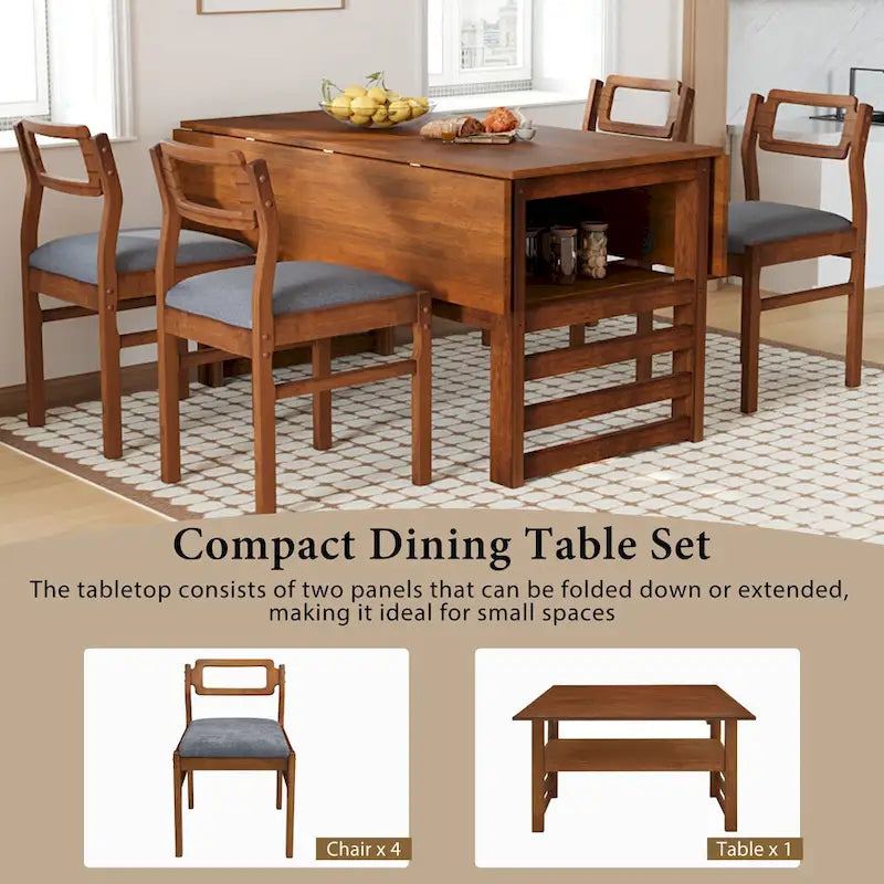 Wood Dining Table Set for 4, Extendable Square Kitchen Table Set with Two Drop Leaves, Storage Shelf and 4 Upholstered Chairs