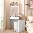 Small Vanity Desk with Mirror and Light, Makeup Table with Fold-up Panel, 3 in 1 Vanity Set with Hidden Stool