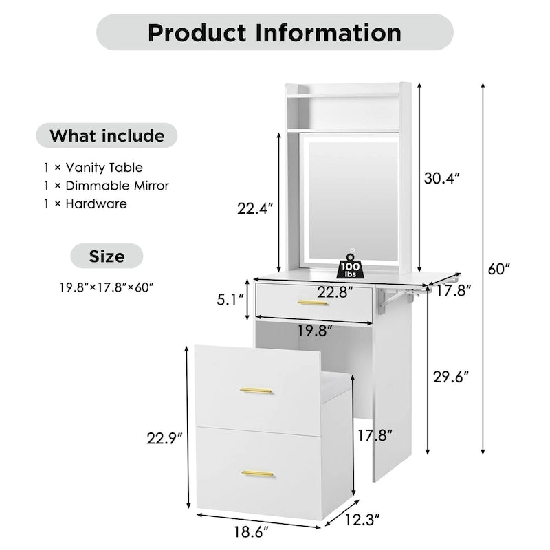 Small Vanity Desk with Mirror and Light, Makeup Table with Fold-up Panel, 3 in 1 Vanity Set with Hidden Stool