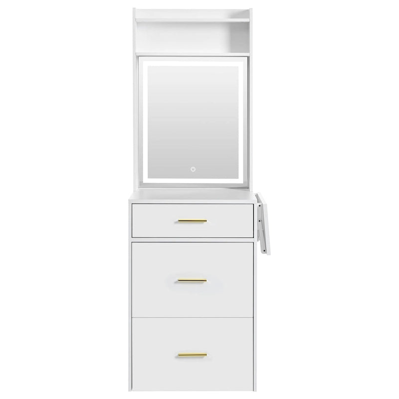 Small Vanity Desk with Mirror and Light, Makeup Table with Fold-up Panel, 3 in 1 Vanity Set with Hidden Stool
