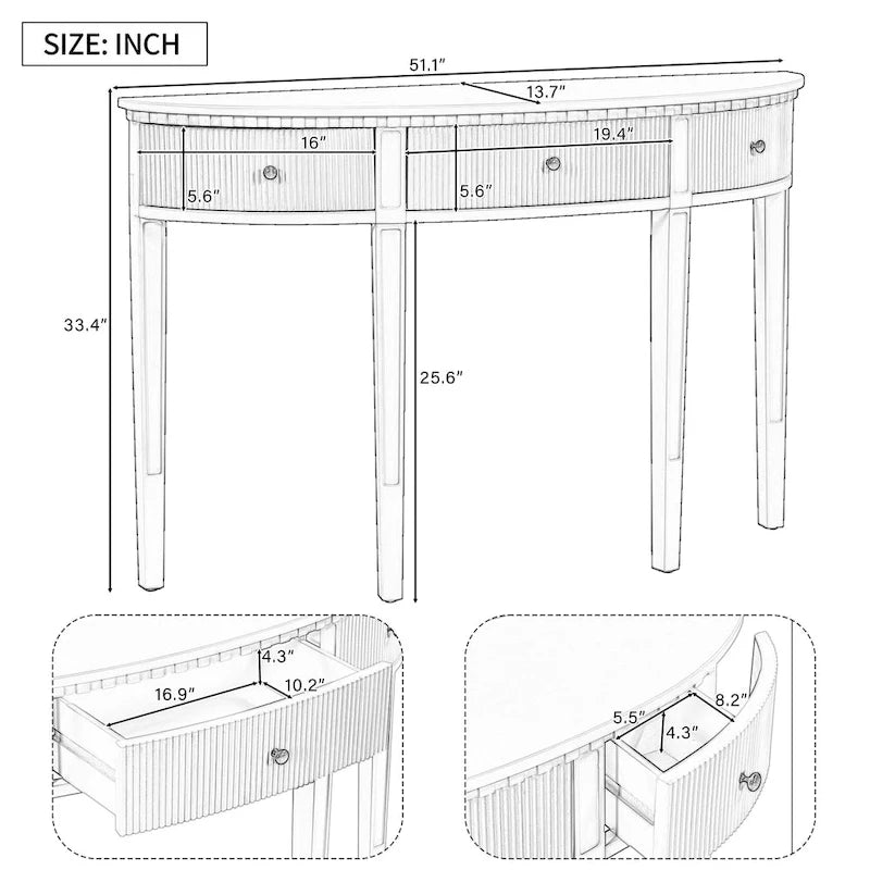 51.1 Modern Curved Console Table with Vertical Stripe Drawer Fronts for Entryway, Hallway, Living Room