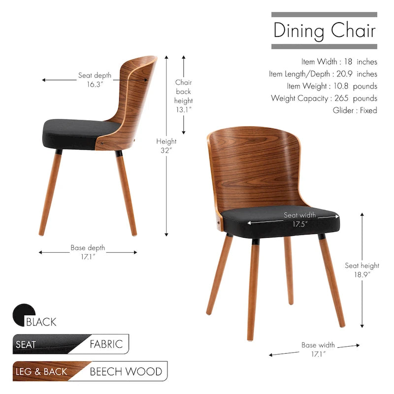 Karr Armless Dining Chairs Set of 2, Beech Wood Back & Legs