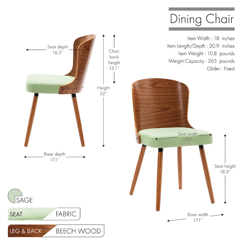 Karr Armless Dining Chairs Set of 2, Beech Wood Back & Legs