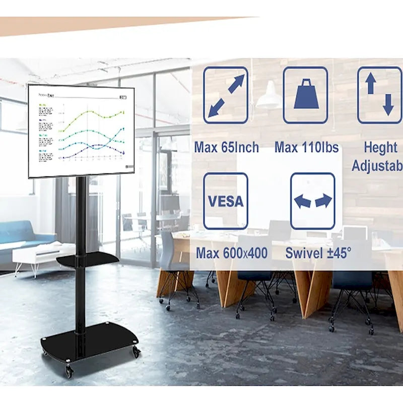 Adjustable Tempered Glass Metal Frame With Lockable Wheels Mobile TV Stand