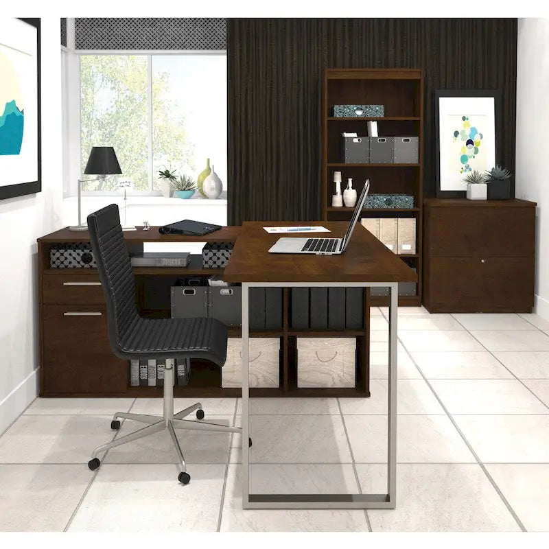 Bestar Solay L-shaped Desk with Lateral File and Bookcase