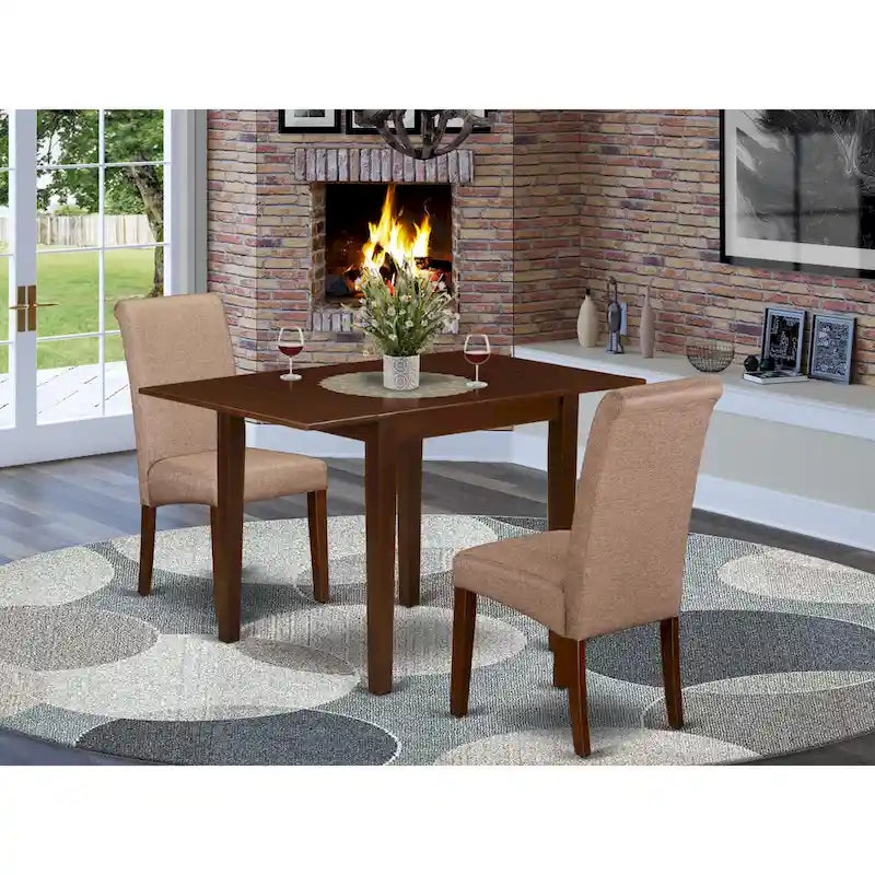  Kitchen Table Set- a Rectangle Dining Table and Brown Linen Fabric Dining Chairs, Mahogany (Pieces Option)