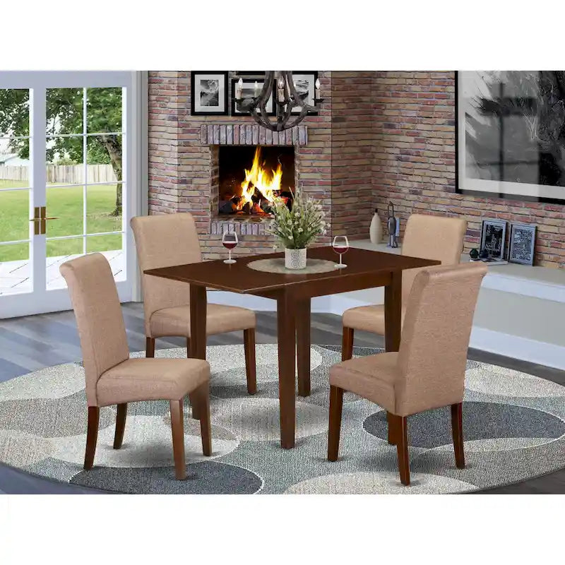 Kitchen Table Set- a Rectangle Dining Table and Brown Linen Fabric Dining Chairs, Mahogany (Pieces Option)