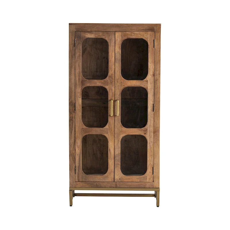 Wooden Two-Door Curio Display Cabinet with Glass Windows - 30"W x 16"D x 61"H - Medium Brown Wood Finish - Iron Base - Storage Shelves