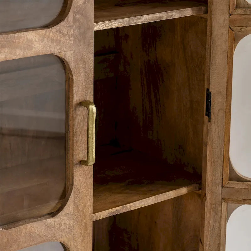 Wooden Two-Door Curio Display Cabinet with Glass Windows - 30"W x 16"D x 61"H - Medium Brown Wood Finish - Iron Base - Storage Shelves