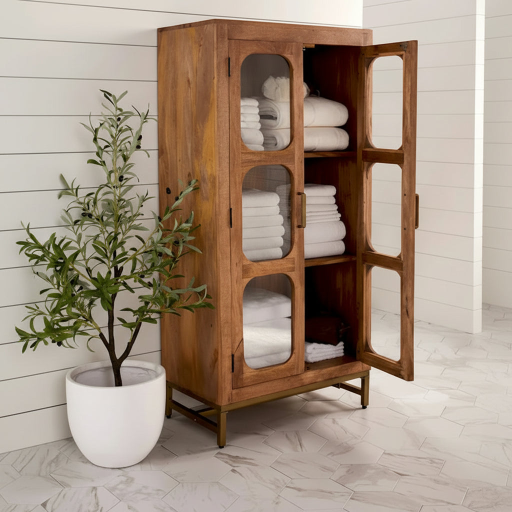 Wooden Two-Door Curio Display Cabinet with Glass Windows - 30"W x 16"D x 61"H - Medium Brown Wood Finish - Iron Base - Storage Shelves