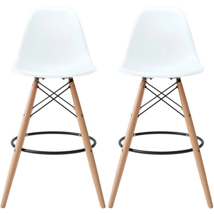 Set of 2 Modern 28 Color Seat Height DSW Molded Armless Plastic Counter Bar Stool Natural Wood Eiffel Dowel Legs Kitchen