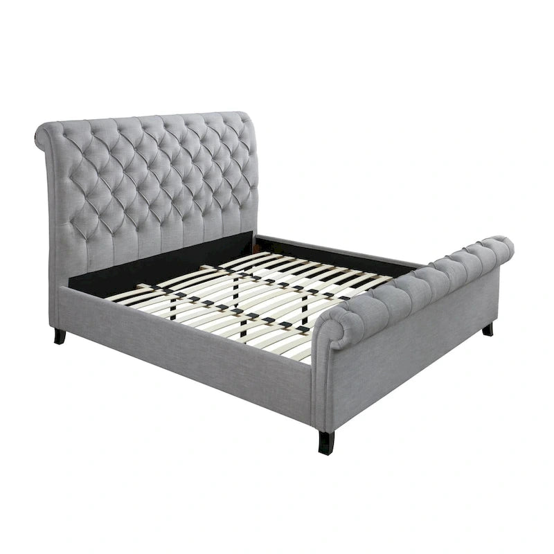Magnolia Queen Size Bed, Tufted Upholstered Rolled Top Headboard, Gray