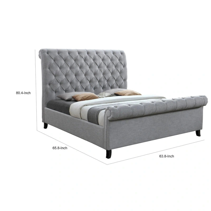 Magnolia Queen Size Bed, Tufted Upholstered Rolled Top Headboard, Gray