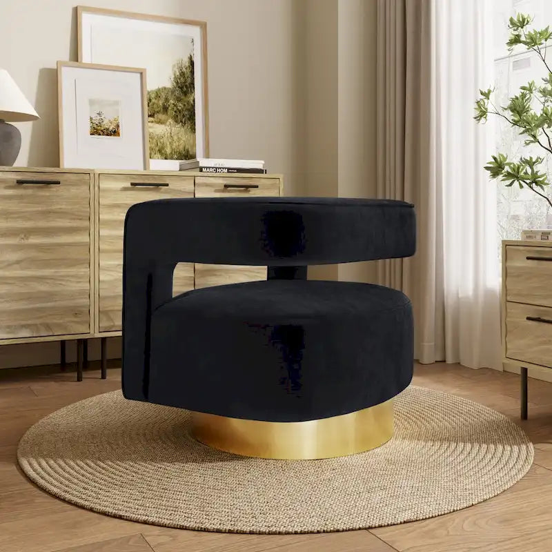 Upholstered Black Velvet Open Back Club Chair with Gold Base - 26.8 H x 29.5 W x 26 D
