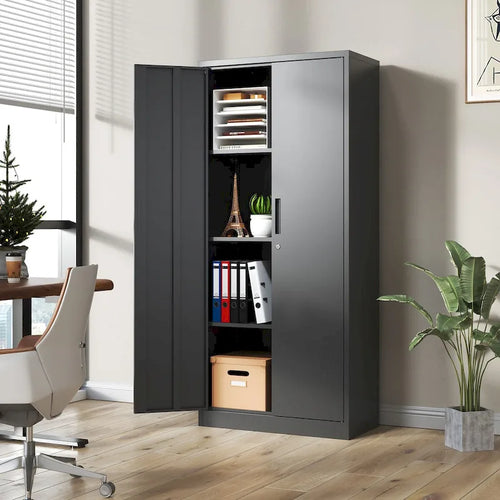 71H Metal Garage Storage Cabinet,Black Tool Steel Locking Cabinet with Doors and 3 Shelves,Tall Cabinets for Garage Storage