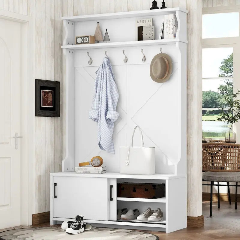 Hall Tree with Top Shelf and Storage Bench, Hallway Shoe Cabinet with Sliding Doors, Coat Rack with 5 Hanging Hooks