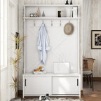 Hall Tree with Top Shelf and Storage Bench, Hallway Shoe Cabinet with Sliding Doors, Coat Rack with 5 Hanging Hooks