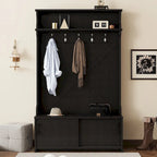 Hall Tree with Top Shelf and Storage Bench, Hallway Shoe Cabinet with Sliding Doors, Coat Rack with 5 Hanging Hooks